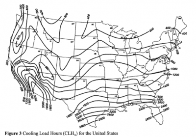 U.S. map showing cooling load hours by region, used to estimate air conditioning demand and efficiency impact