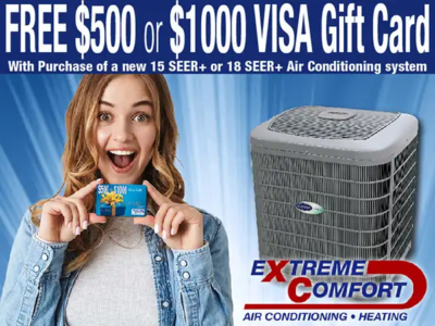 AC Installation rebate gift card for ac discount special on carrier hvac, trane hvac, york hvac from Extreme Comfort Air Conditioning and Heating