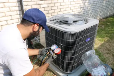 HVAC technician checking refrigerant gauges on a Carrier outdoor condenser at a Dallas home.