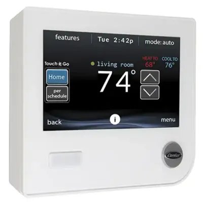 Carrier Infinity programmable Wi Fi thermostat displaying home temperature settings