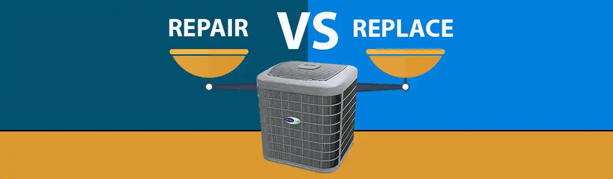 AC unit repair-vs-replace 1200x AC repair vs replace graphic showing air conditioner and balanced scale