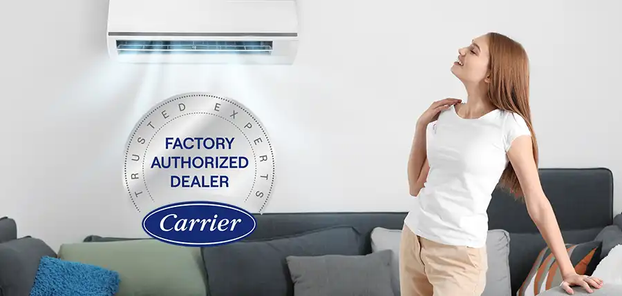 Woman enjoying cool air from a wall mounted ductless mini split with a Carrier Factory Authorized Dealer badge